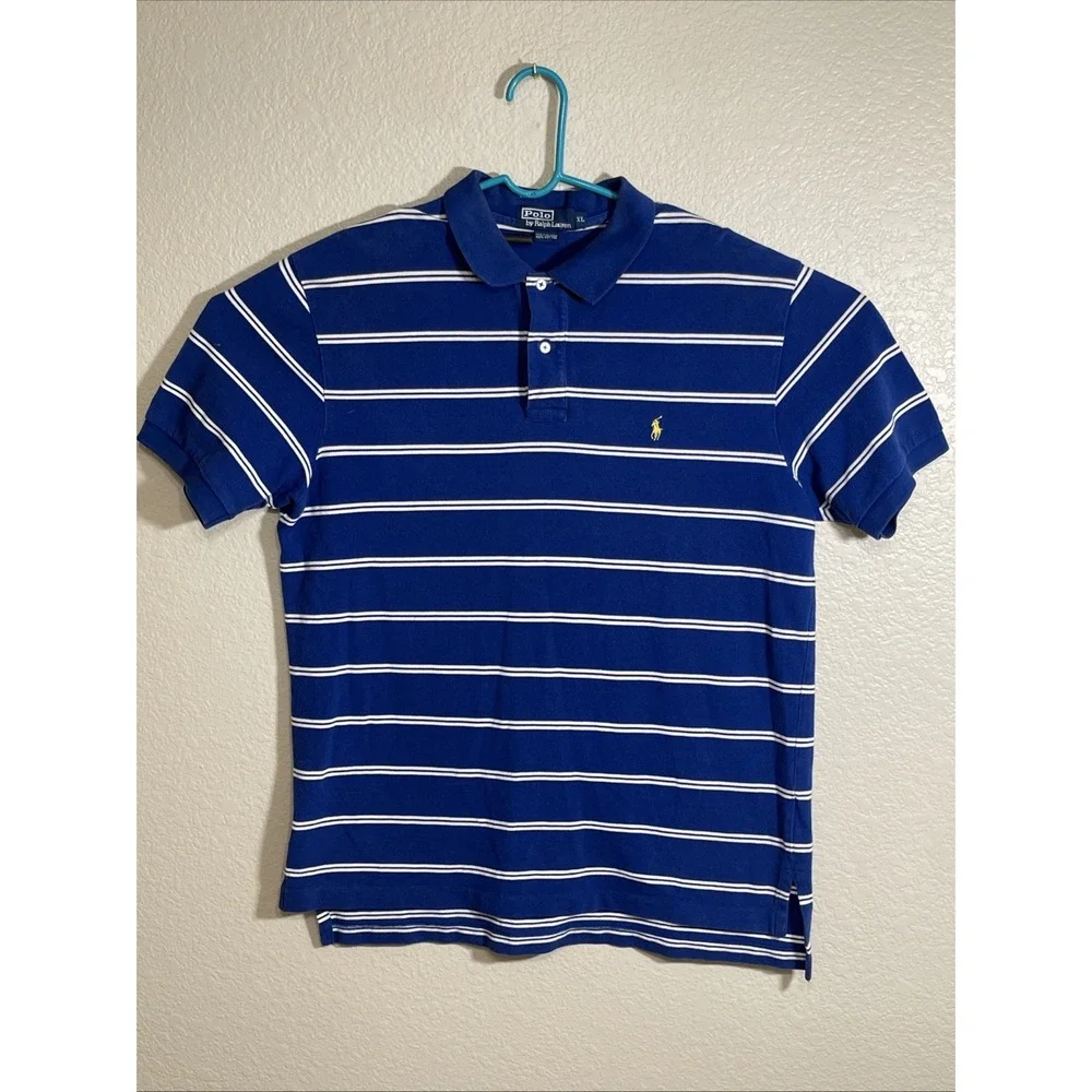 Polo Ralph Lauren Custom Fit  XL – Blue & White Stripe, Yellow Pony‎ Logo